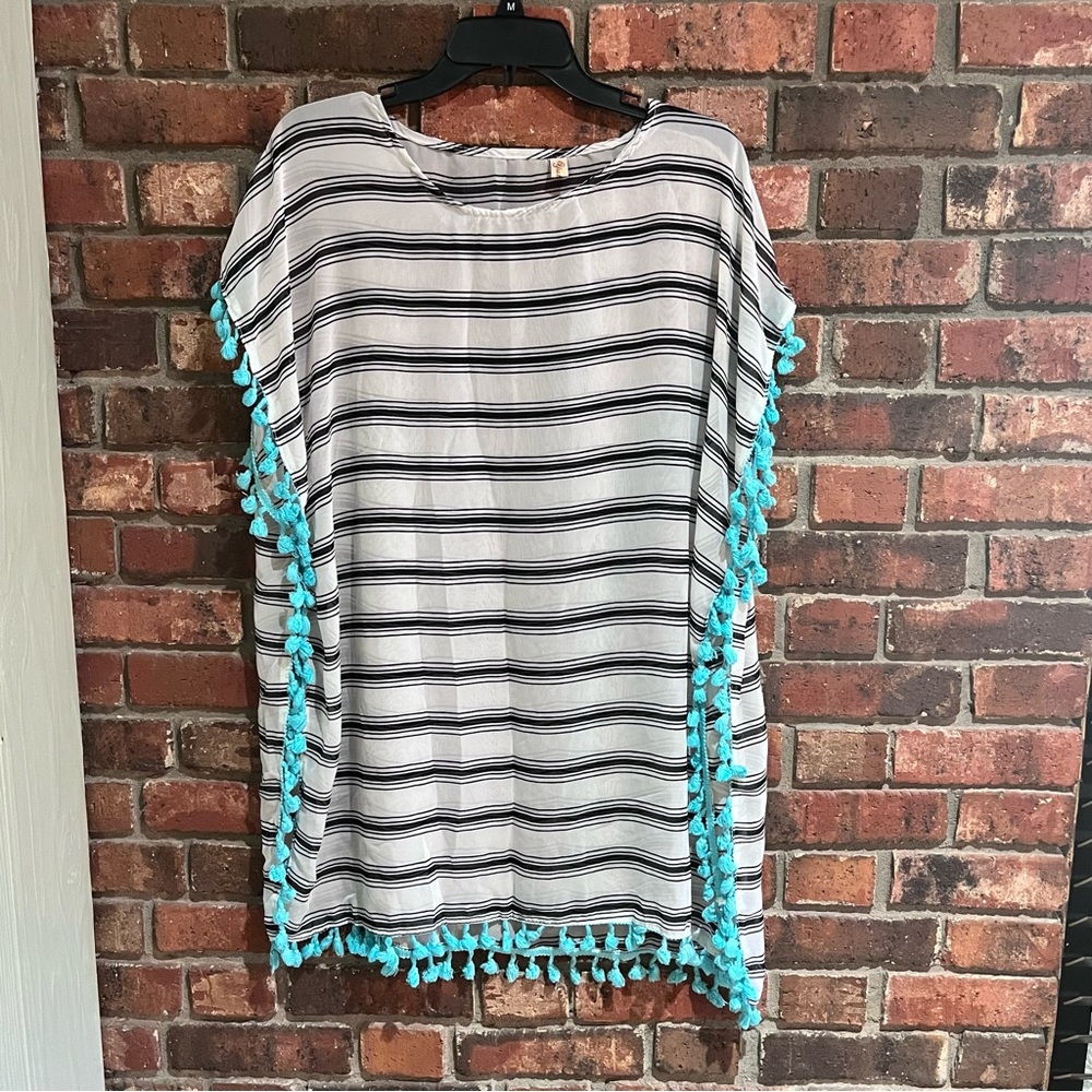 Cover up womens striped swimsuit cover up with pom poms black/white one size